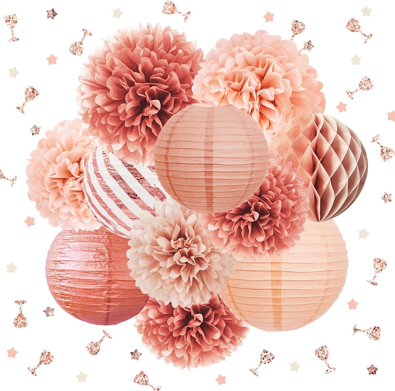 Rose Gold Party Decorations -12PCS Elegant Party Supplies Tissue Pom Poms Paper Lantern Glitter Confetti 30G for Valentines Wedding Bridal Shower Birthday Bachelorette Party Decorations